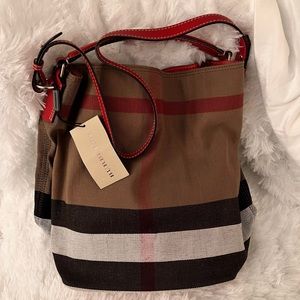 BURBERRY Canvas Mega Check Medium Ashby Hobo Cadmium Red